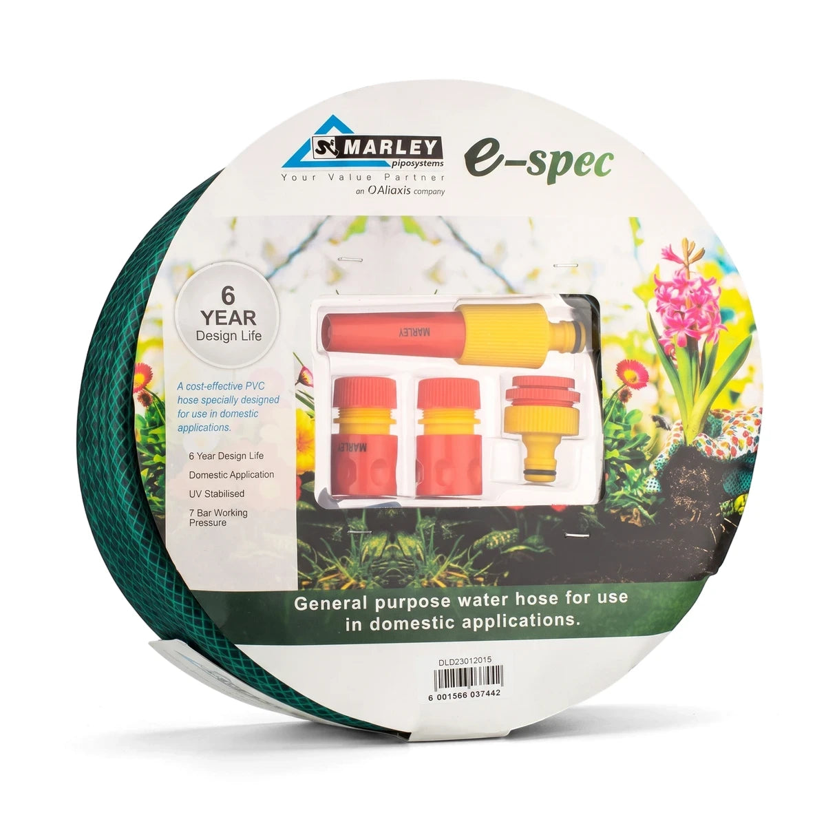 Green coiled Marley E-Spec garden hose with red and yellow fittings in retail packaging, 12mm x 20m, for domestic use.