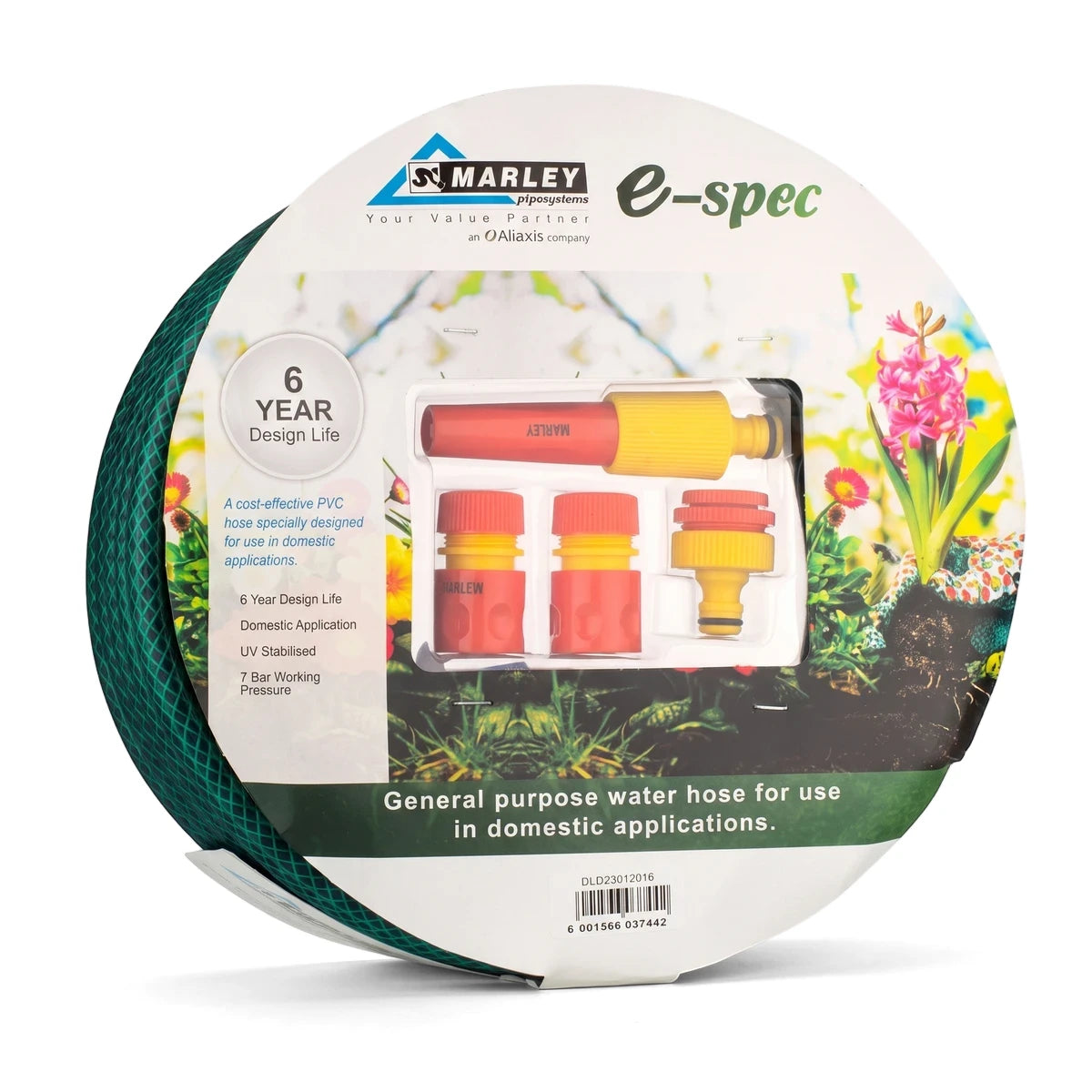 Green E-Spec garden hose coiled with red and yellow fittings in clear retail packaging, viewed from the front.