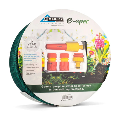 Green E-Spec garden hose coiled with red and yellow fittings in clear retail packaging, viewed from the front.