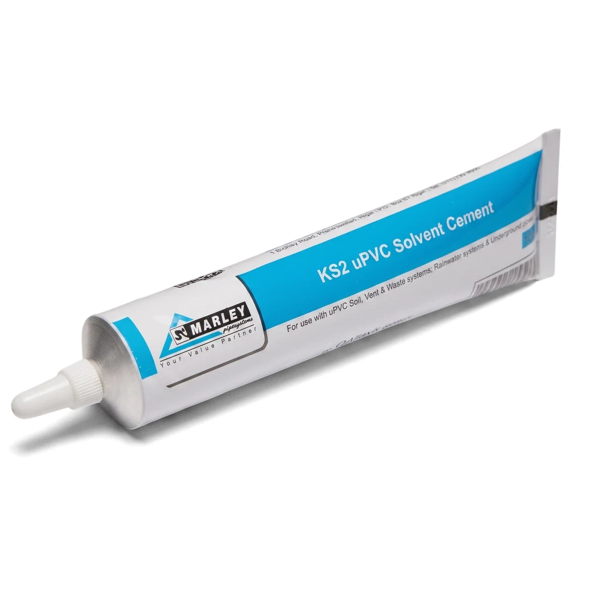 100ml Marley KS2 uPVC Solvent Cement tube, white with a blue label, for plumbing applications.