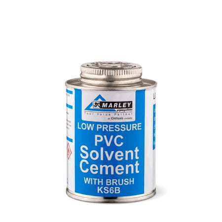 Marley Low Pressure PVC Solvent Cement in a 250ml metal tin with a brush, featuring a blue and white label, for solvent