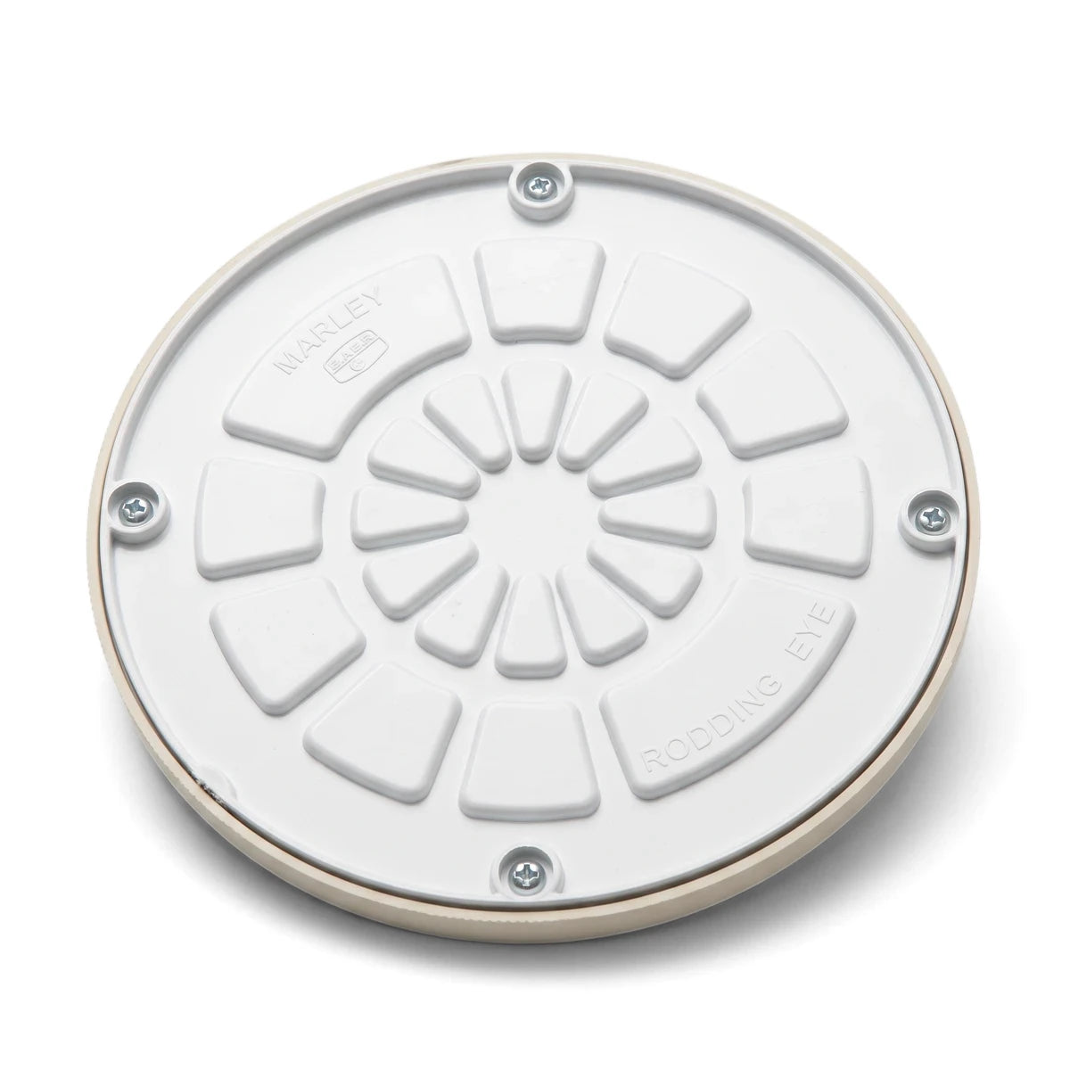 A white circular Marley Rodding Eye 90-degree drainage inspection cover made of plastic, seen from an elevated angle.