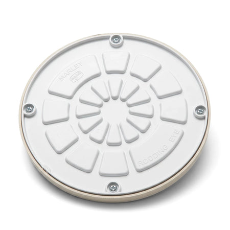 A white circular Marley Rodding Eye 90-degree drainage inspection cover made of plastic, seen from an elevated angle.