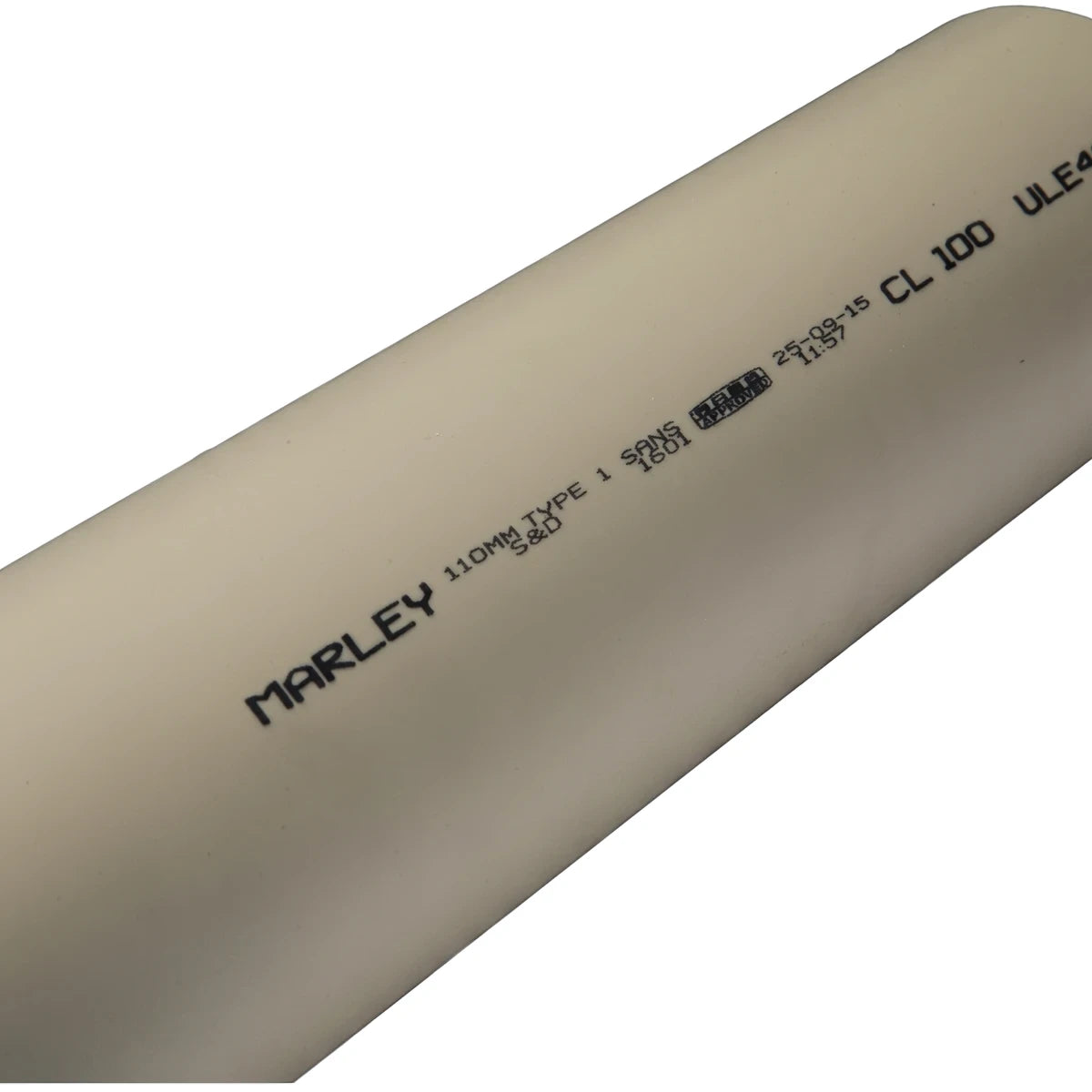 Beige Marley Sabs 1601 PVC underground pipe (100 Kpa) with 110mm diameter and black text markings.