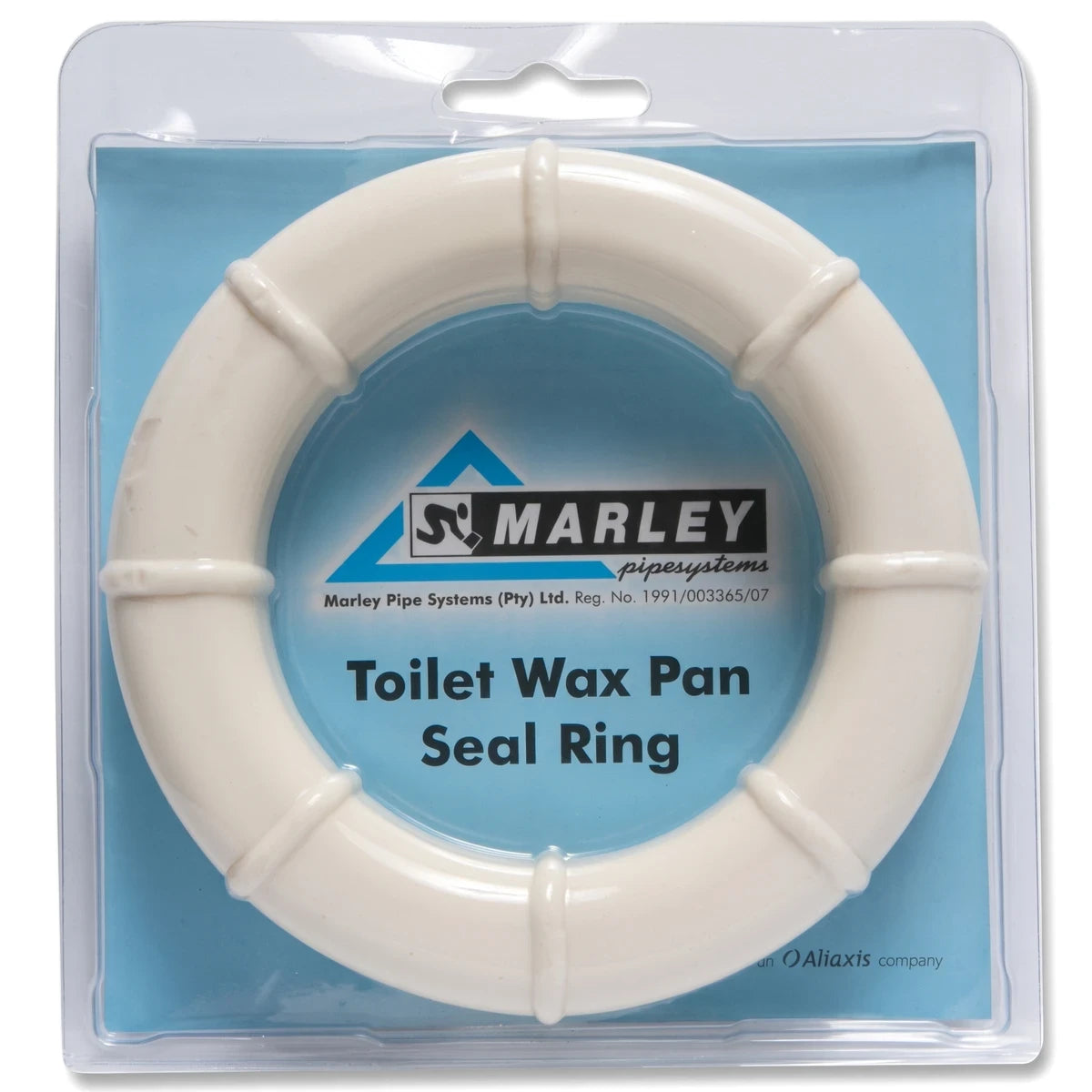 White circular Marley Toilet Wax Pan Seal Ring, packaged in clear plastic with a blue backing card, for plumbing