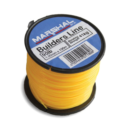 Yellow MARSHAL Builders Line spool, 90lb breaking strength, 1.00mm x 100m, on a white background, angled slightly.