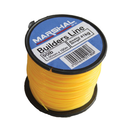 Yellow MARSHAL Builders Line spool, 90lb breaking strength, 1.00mm x 100m, for construction and general utility use.