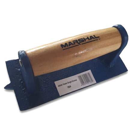Marshal Single Groove Grano Jointer Trowel with a wooden handle and blue textured metal base, shown at an angle.