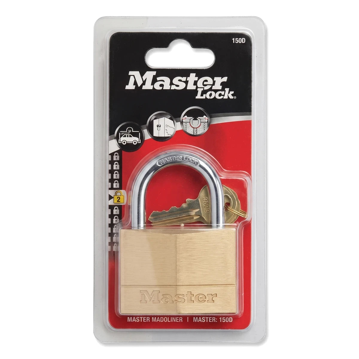 A 60mm Master Lock brass padlock with two keys, sealed in clear plastic blister packaging with a red and black backing card,