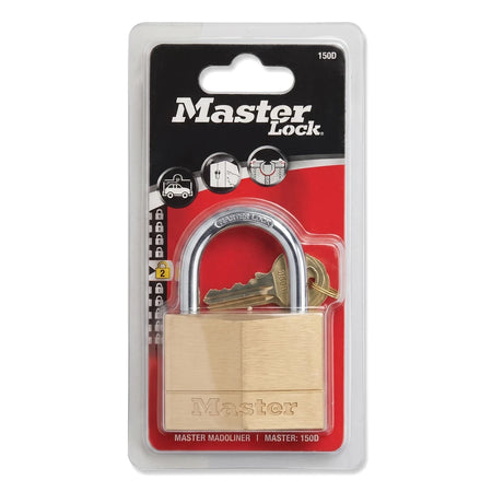 A 60mm Master Lock brass padlock with two keys, sealed in clear plastic blister packaging with a red and black backing card,