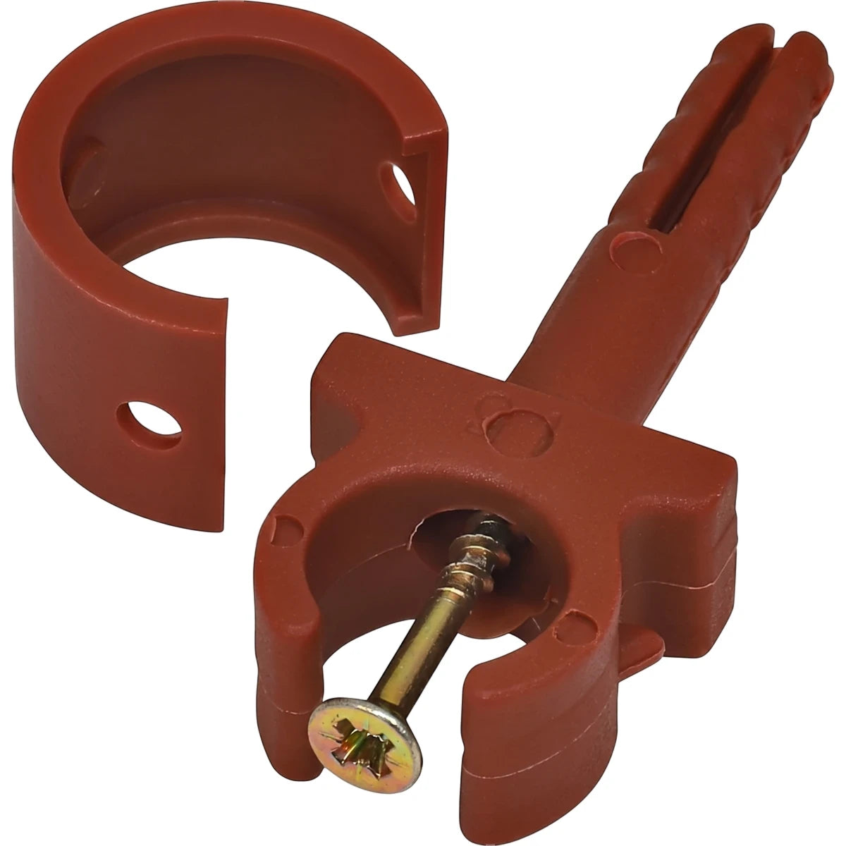 Reddish-brown Masterbat 15mm pipe bracket with an attached gold screw, designed for securing pipes.