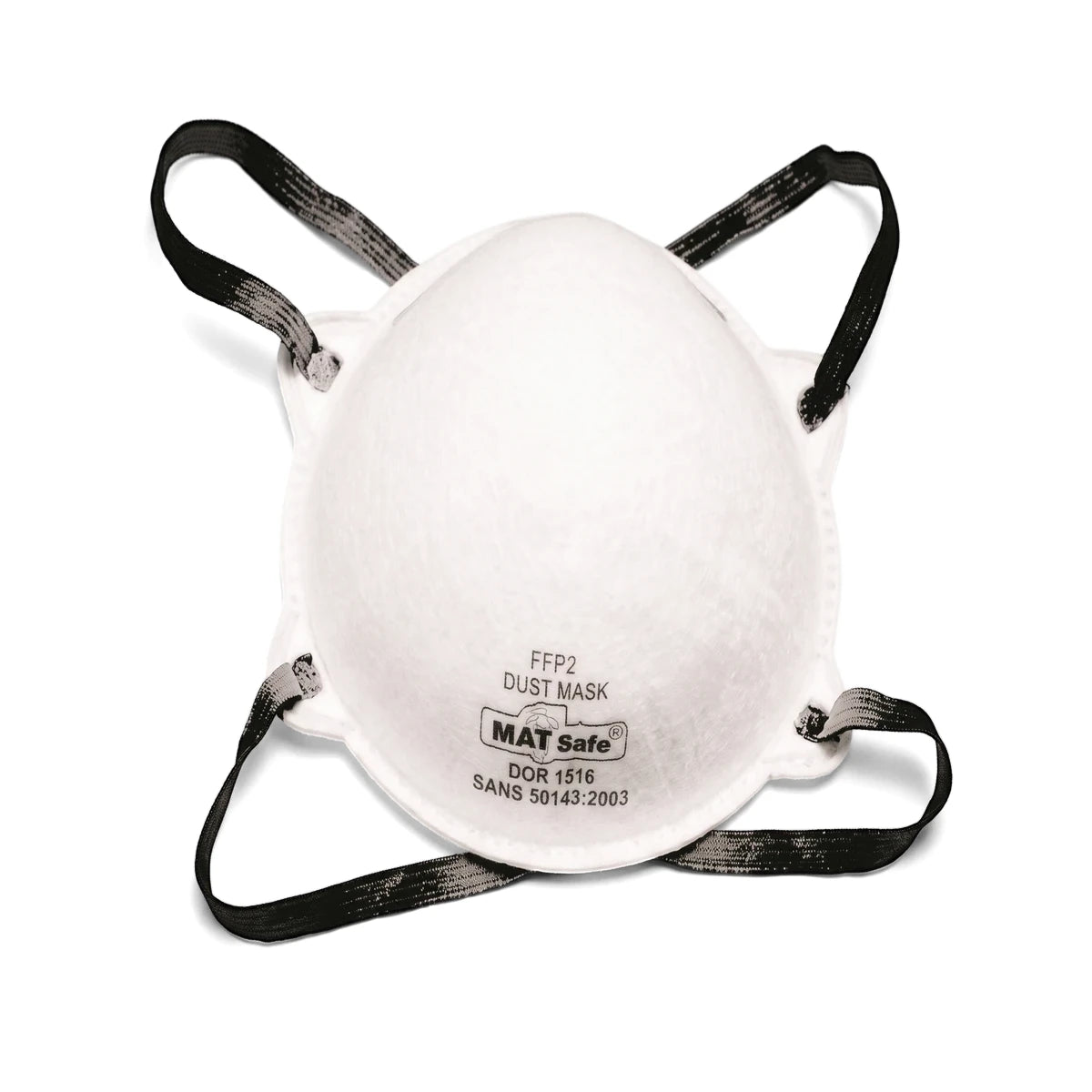 A white Matsafe FFP2 dust mask with black elastic straps, seen from the front, for respiratory protection.