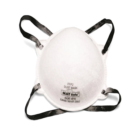A white Matsafe FFP2 dust mask with black elastic straps, seen from the front, for respiratory protection.