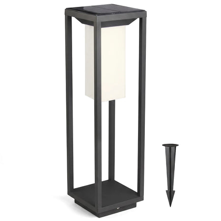 Matt black die-cast aluminium outdoor solar LED pillar light with a separate ground spike for garden use.