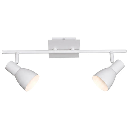 Matt white double spotlight with two adjustable GU10 light fittings, designed for ceiling installation and providing focused
