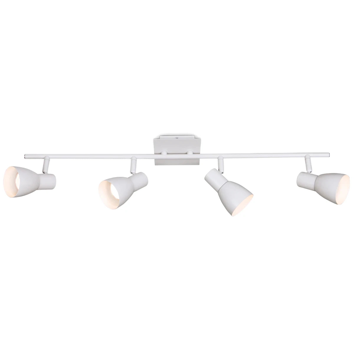Matt white quad spotlight featuring four adjustable GU10 light fittings on a straight track bar, ideal for modern interiors.