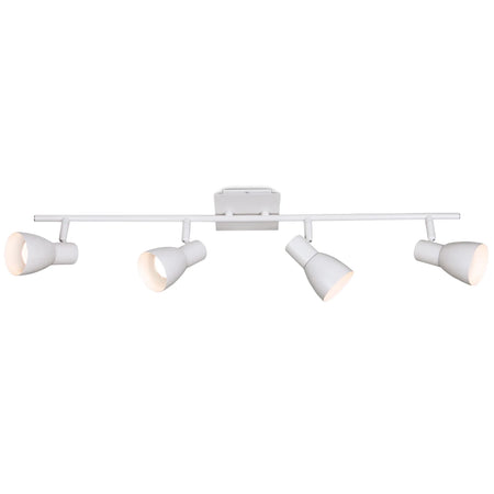 Matt white quad spotlight featuring four adjustable GU10 light fittings on a straight track bar, ideal for modern interiors.