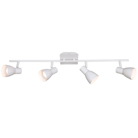 Matt white quad spotlight featuring four adjustable GU10 light fittings on a straight track bar, ideal for modern interiors.