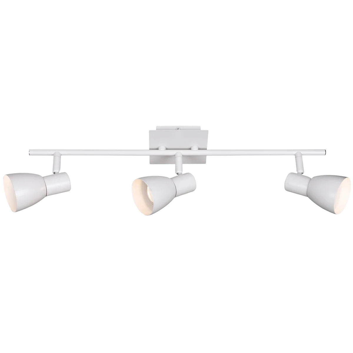 Matt white triple spotlight fixture with three adjustable Gu10 light fittings on a horizontal bar, emitting warm light.