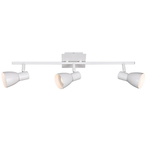 Matt white triple spotlight fixture with three adjustable Gu10 light fittings on a horizontal bar, emitting warm light.