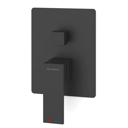 Matte black Blu-motion Quadro shower mixer handle, front view, with square base plate and rectangular lever.