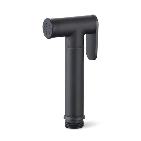 Matte black brass round bidet sprayer head with a modern design and threaded connection, displayed vertically.