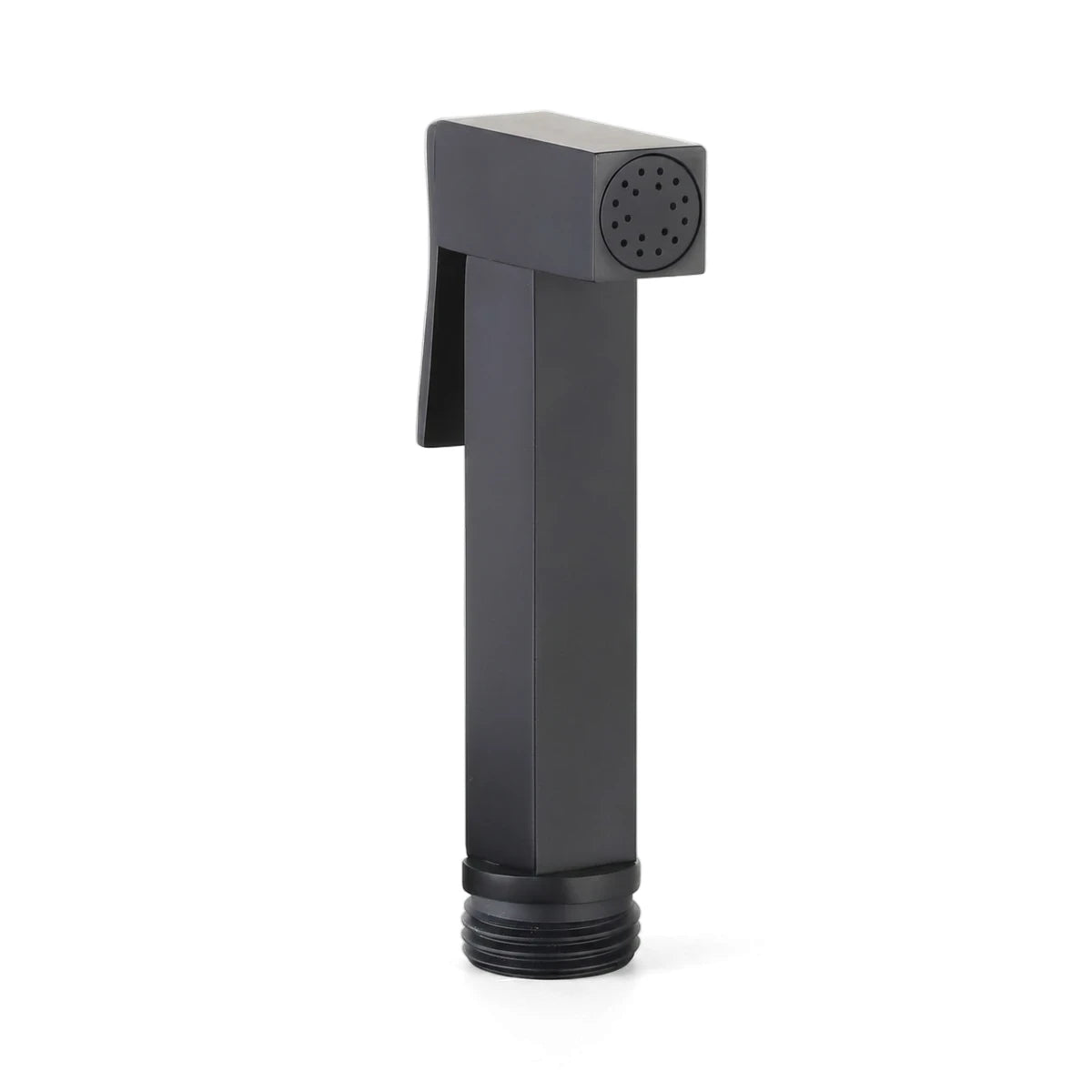 Matte black brass square bidet shower sprayer head with a perforated nozzle and trigger on a white background.