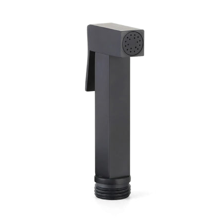 Matte black brass square bidet shower sprayer head with a perforated nozzle and trigger on a white background.