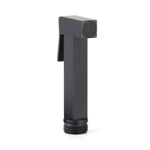 Matte black brass square bidet shower sprayer head with a perforated nozzle and trigger on a white background.