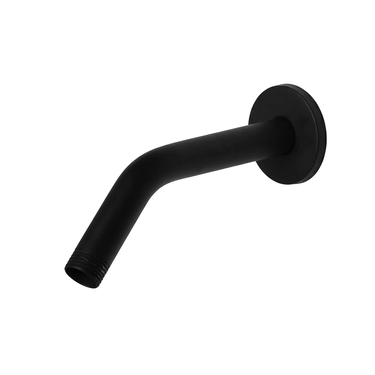 Black matte finish curved shower arm with a circular flange, 15mm diameter, designed for wall mounting.