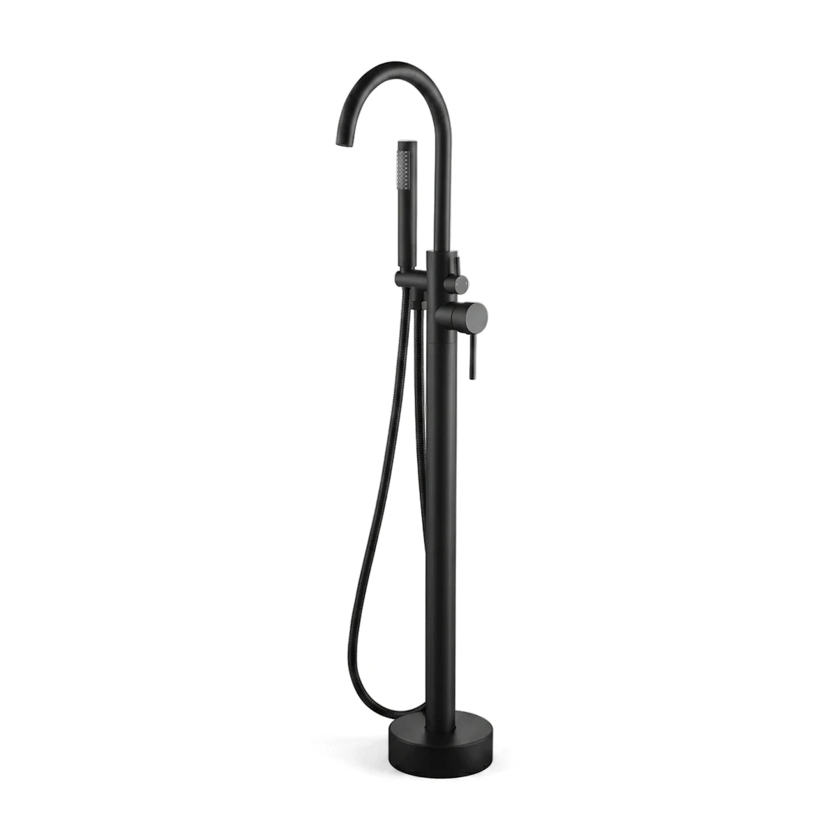 Modern matte black free-standing bath mixer with a gracefully curved spout and a matching handheld shower. Designed for