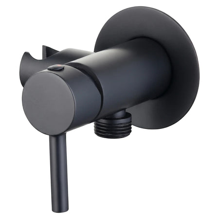 Matte black wall-mounted bidet shut off valve shower part with a lever handle and hose connection.