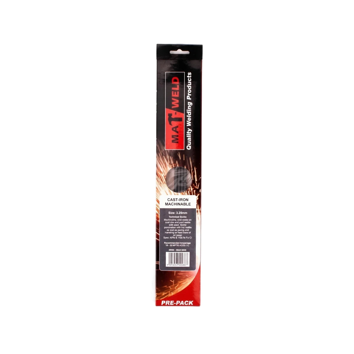 MATWELD Cast Iron 55 3.2mm welding rods package, vertically oriented, featuring branding and product details on a white