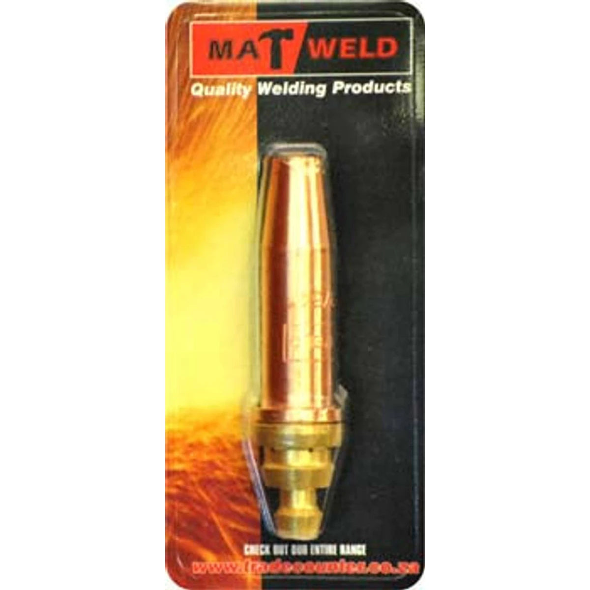 Copper and brass MatWeld Cutting Nozzle Pnm 12mm Nozel in clear blister packaging on a display card for welding.