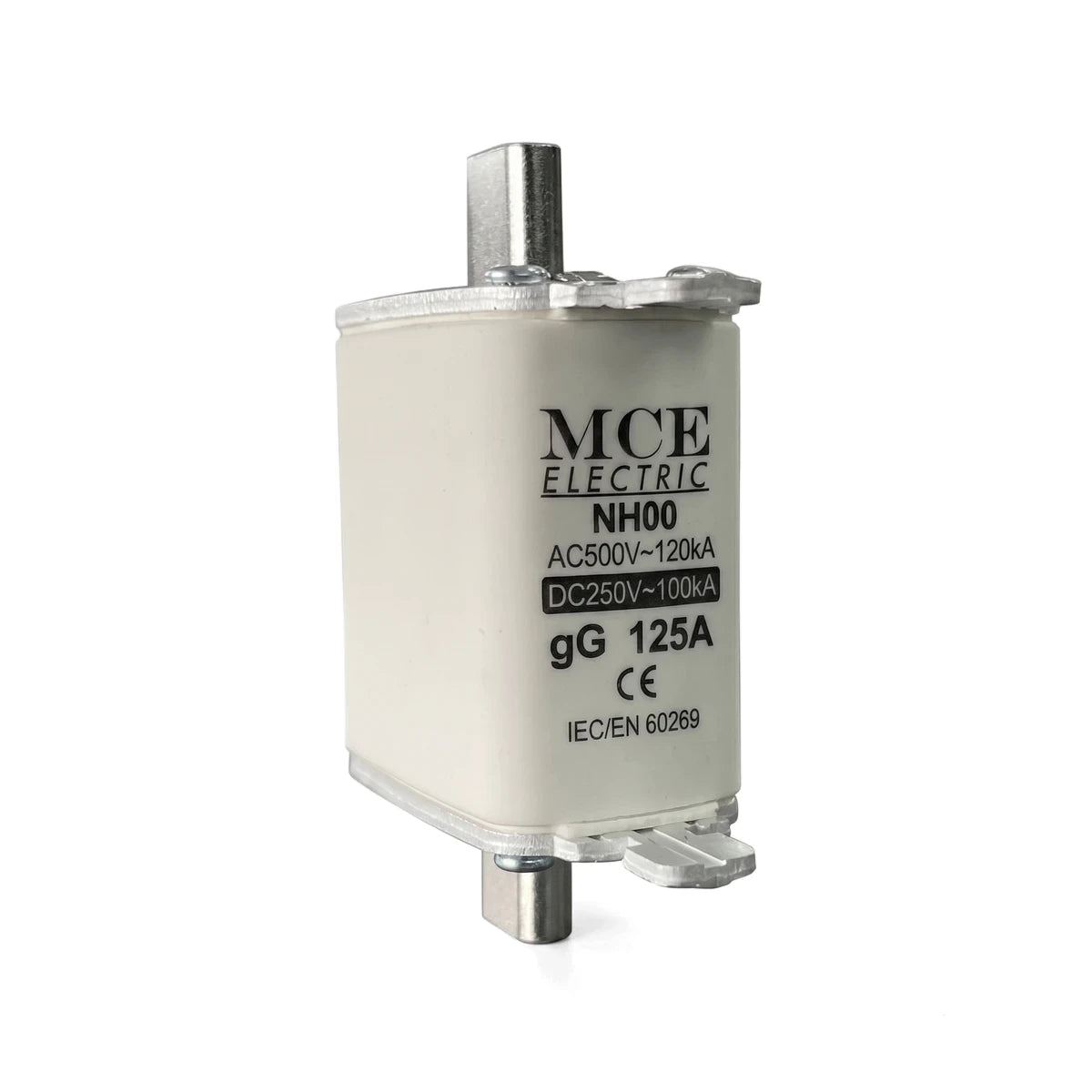 MCE Electric NH00 gG 125A DC fuse with a white ceramic body and silver metal terminals, designed for circuit protection.
