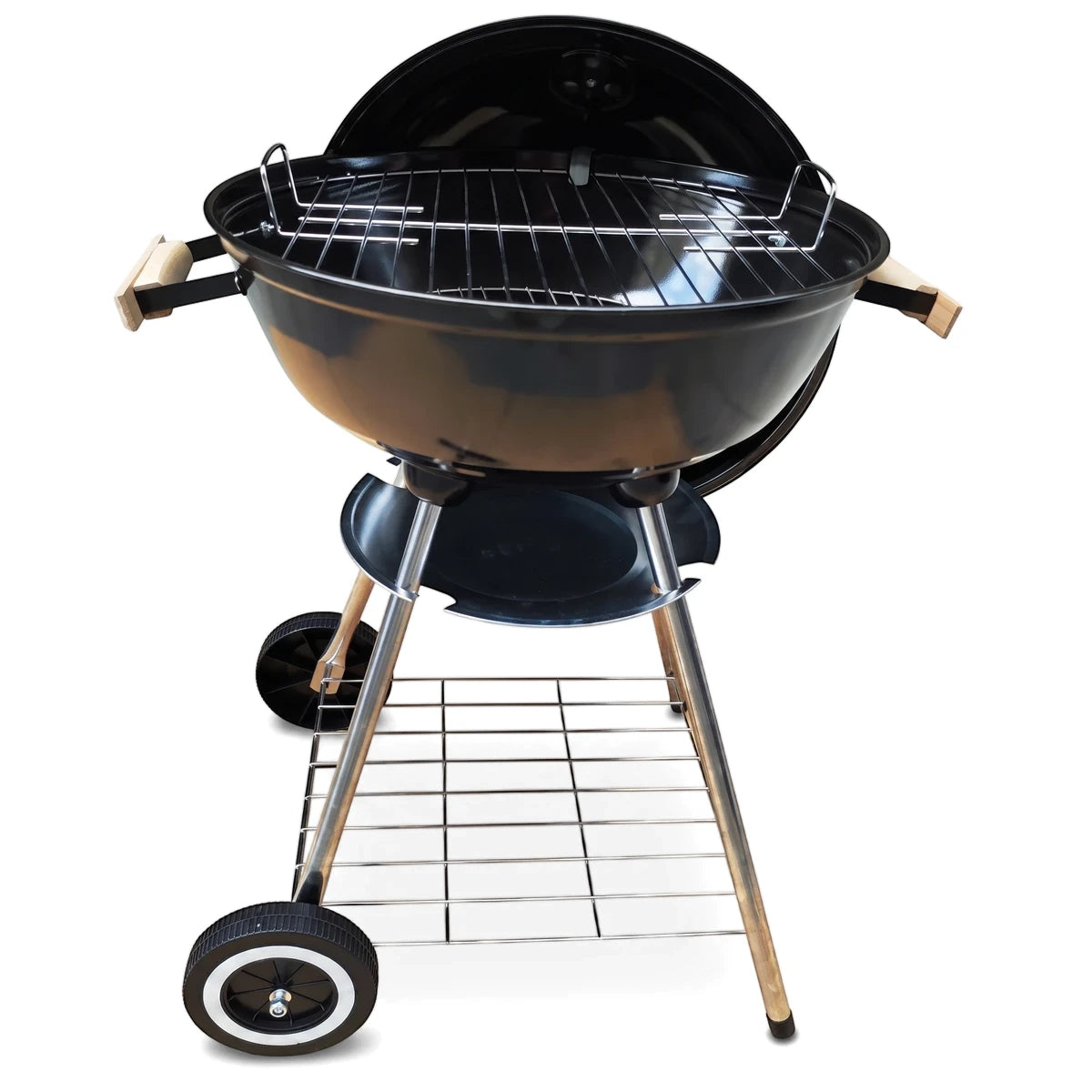 Medium Charcoal Kettle Braai, 44cm, black, with an open lid, chrome legs, and wheels, ready for outdoor grilling.