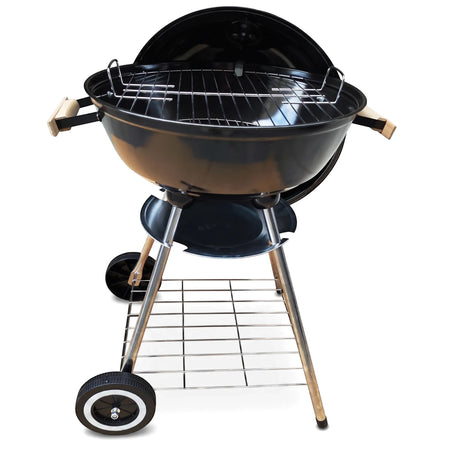Medium Charcoal Kettle Braai, 44cm, black, with an open lid, chrome legs, and wheels, ready for outdoor grilling.