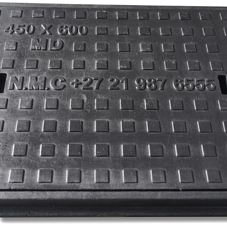 Dark gray medium duty cast iron manhole cover, 450x600 size, featuring a raised square pattern and embossed text.