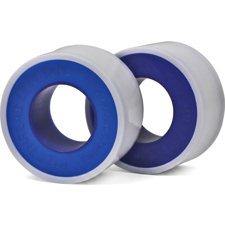 A two-pack of white PTFE thread seal tape, medium duty with blue cores, 19mm x 10m x 0.075 mic. Essential for effective pipe