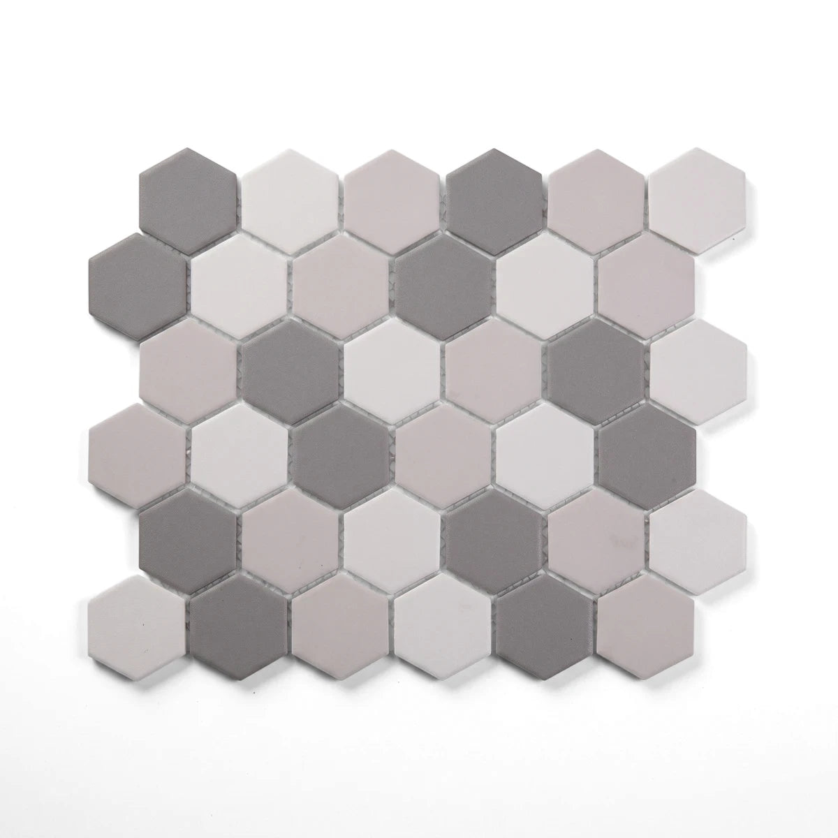 Medium Grey Mix Hexagon Mosaic Tile featuring a blend of medium grey, light grey, and white hexagonal tiles in an