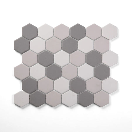 Medium Grey Mix Hexagon Mosaic Tile featuring a blend of medium grey, light grey, and white hexagonal tiles in an