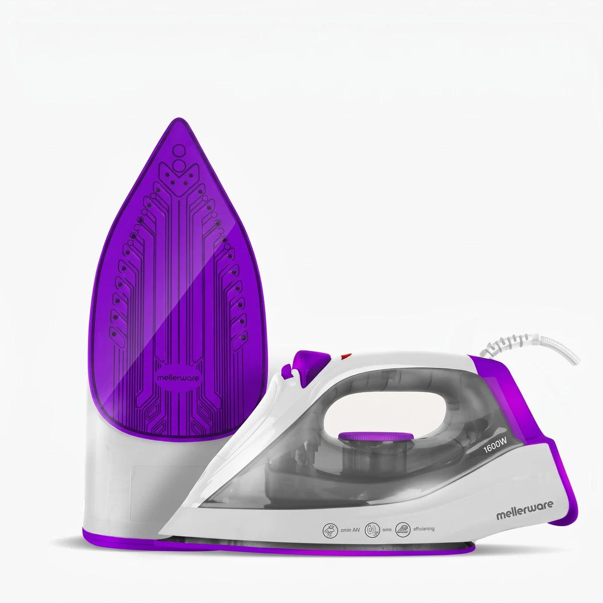 Two 1600w Mellerware ceramic dry/spray steam irons, one standing upright and another lying down, showcasing their white and