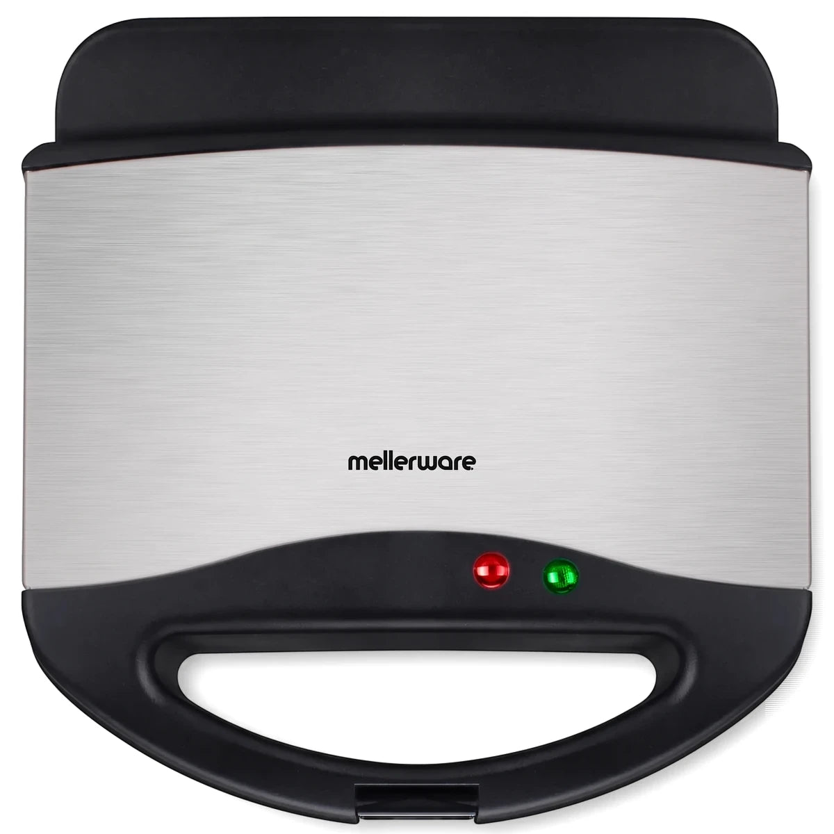 Mellerware 2-slice sandwich maker in black and brushed silver, non-stick, shown from a top-down view.
