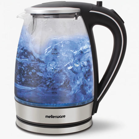 Mellerware 360 Degree Cordless Kettle with clear glass body, black handle, and blue boiling water, on a white background.