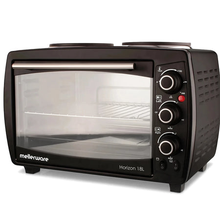 Black Mellerware Horizon 18L mini oven with two hotplates on top and a glass door, viewed from the front right.