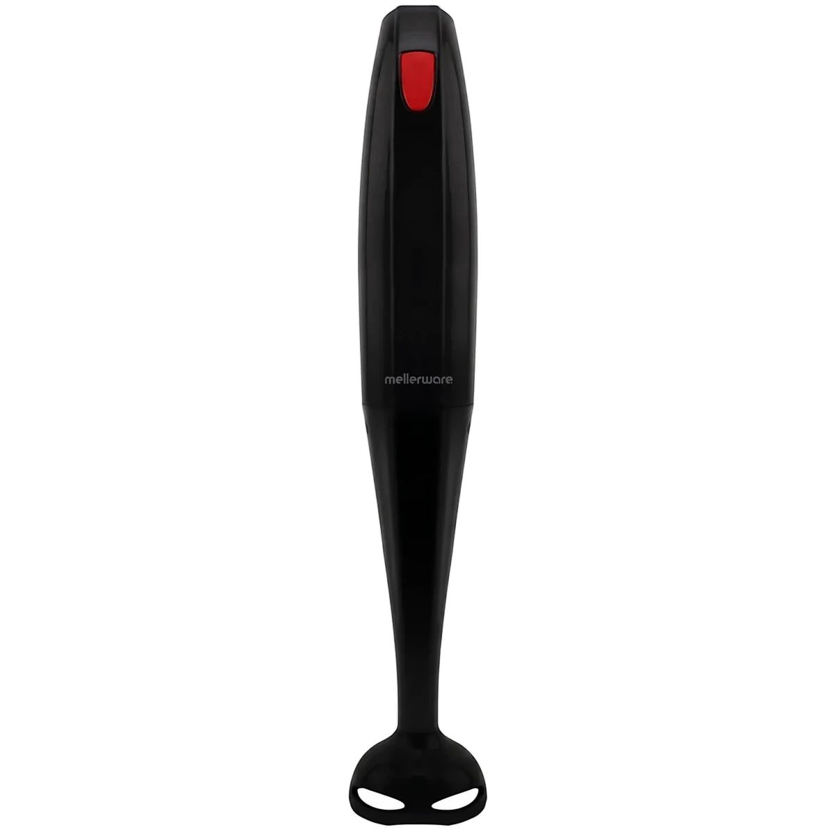 Black plastic Mellerware stick blender with a red power button, used for kitchen blending tasks, standing upright.