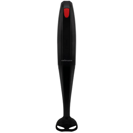 Black plastic Mellerware stick blender with a red power button, used for kitchen blending tasks, standing upright.
