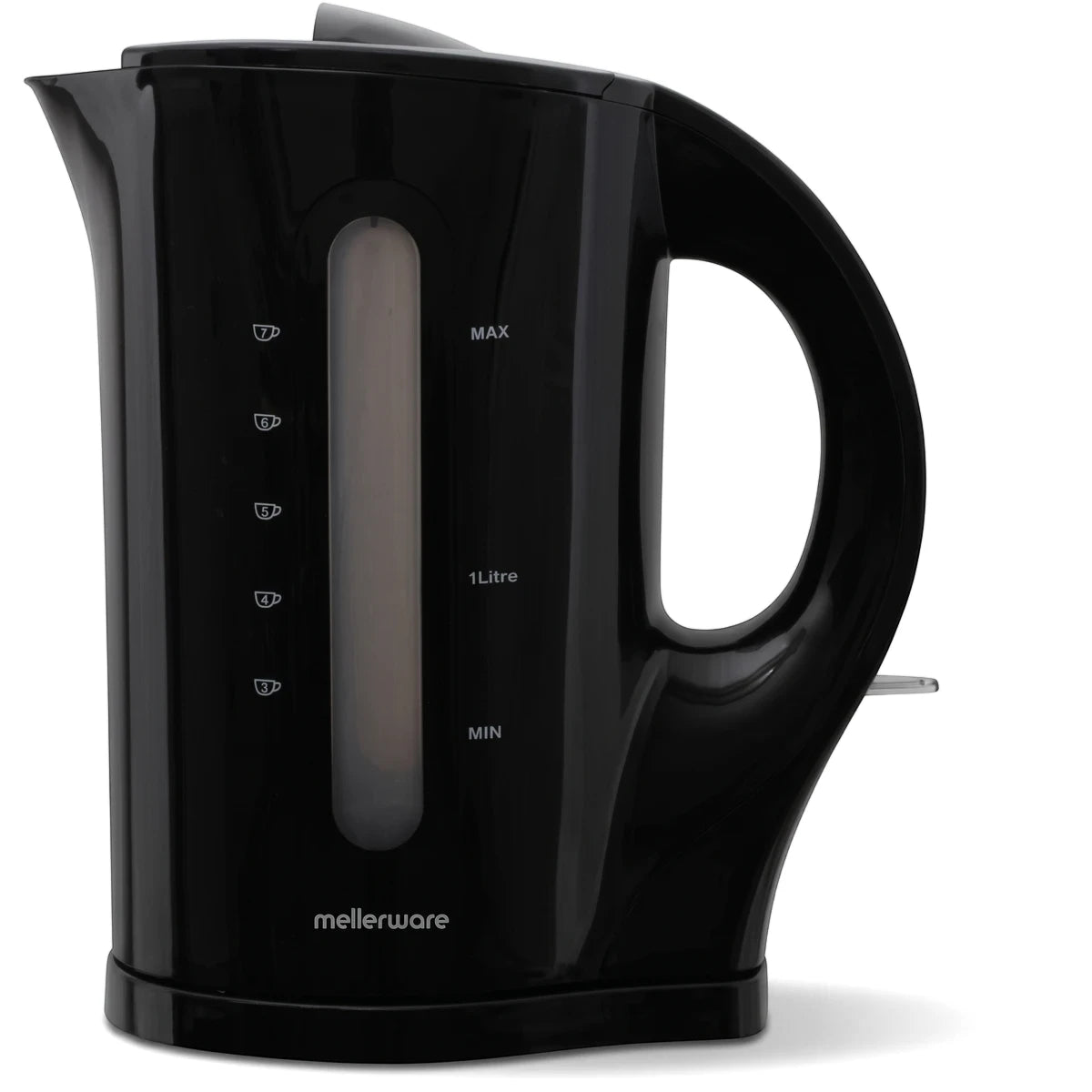 Black Mellerware Tugela 2200W plastic cordless kettle with water level indicator on a white background.