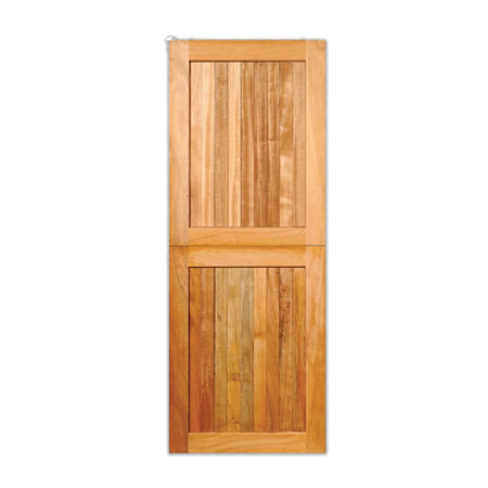 Meranti Door with vertical wooden panel design in natural light wood finish, solid timber construction for interior or
