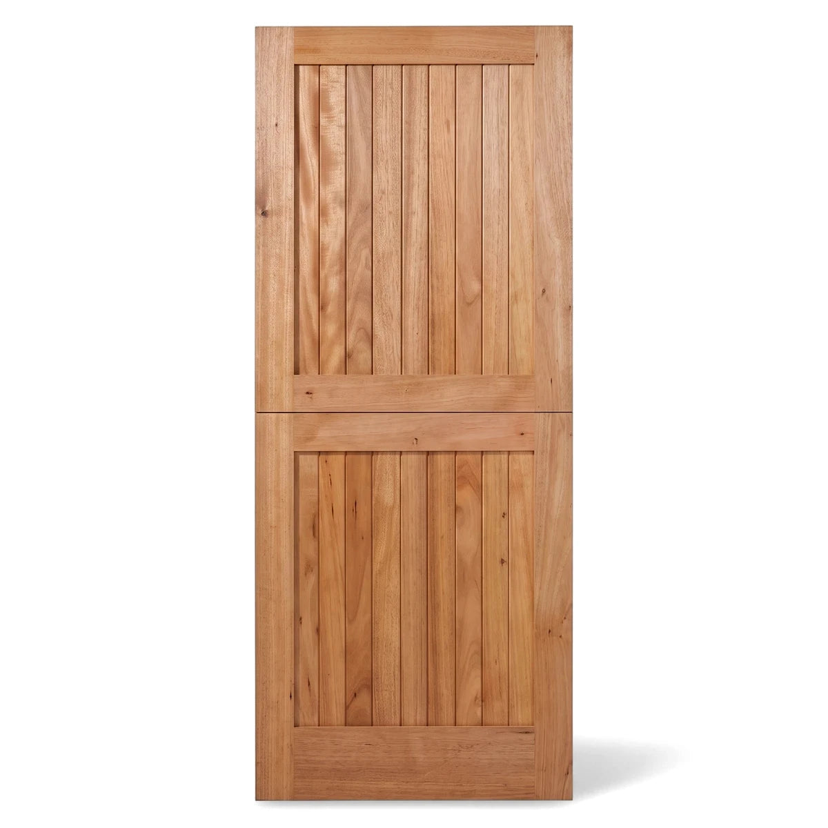 A light brown Meranti stable door, featuring vertical planks and a horizontal split, ideal for traditional and rustic